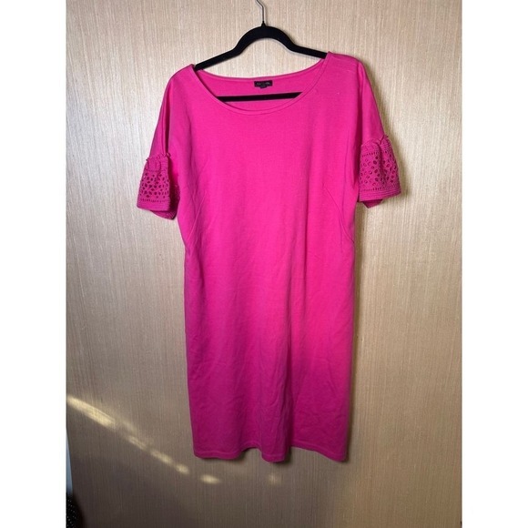 Talbots Women's Pink Knit T Shirt Dress Short Sleeve Crochet Detail Size L - Picture 1 of 6